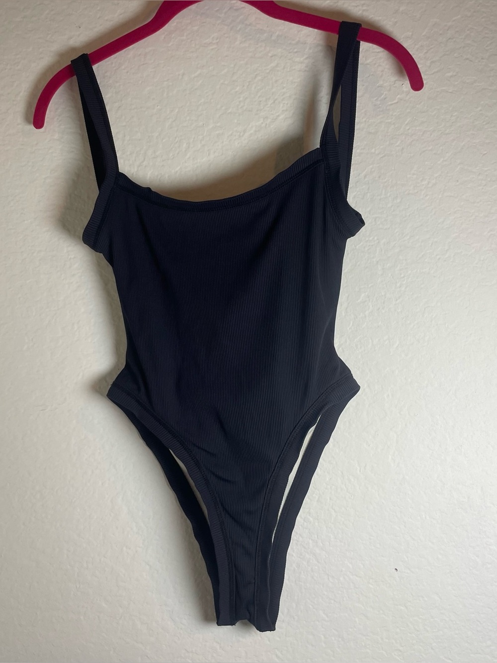 KYA Black Solid Ribbed One Piece Swimsuit Lined Stretch Strap Size XS